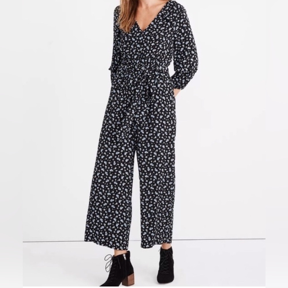 Madewell Black Ruffle-Sleeve Tie-Waist Floral Jumpsuit in Baby’s Breath XS - Picture 5 of 11